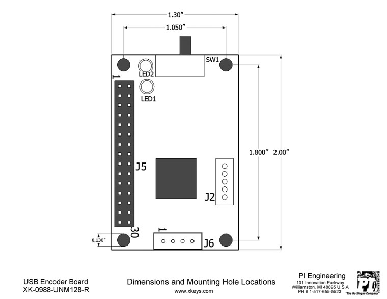 X-keys USB Encoder Board Dimensioned Drawing